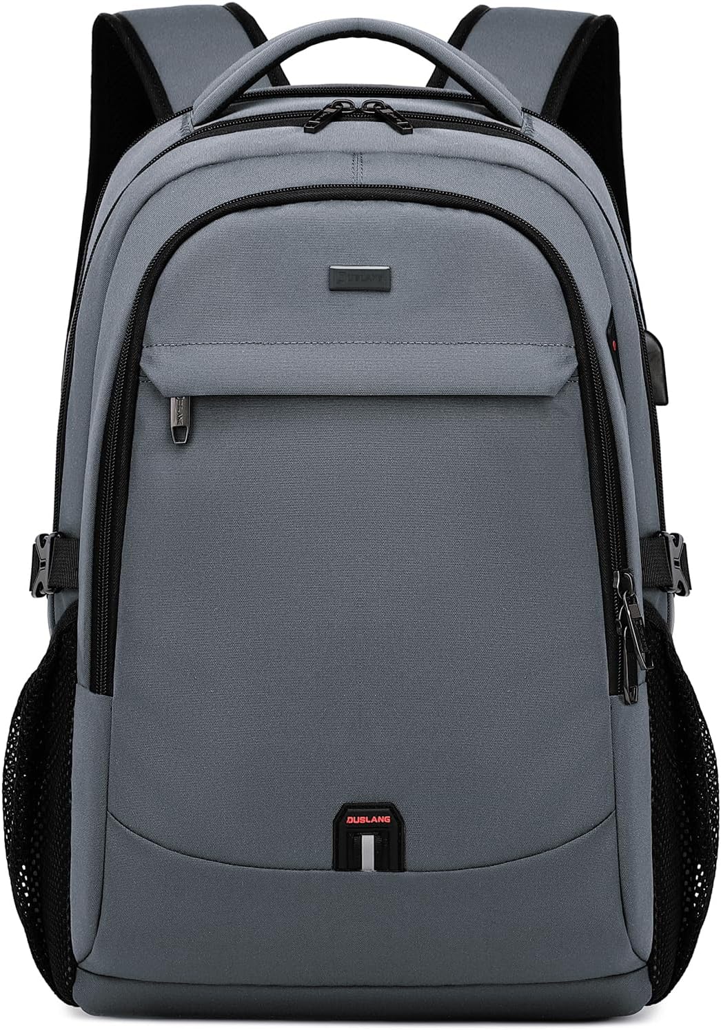 Grey water-resistant travel laptop backpack with USB charging port, front view, for commuters