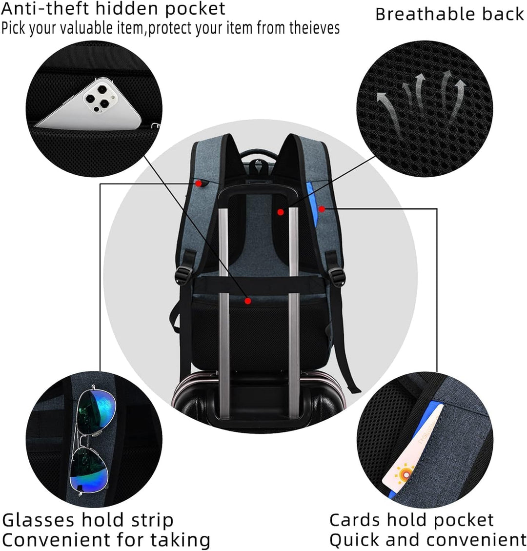Durable water-resistant travel backpack for laptops, interior view with compartments for gear