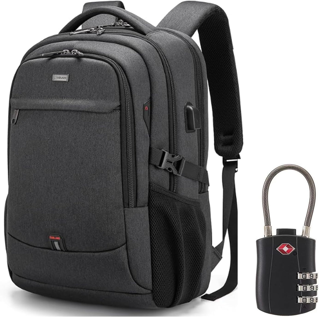 Grey water-resistant unisex travel laptop backpack with USB port, front view