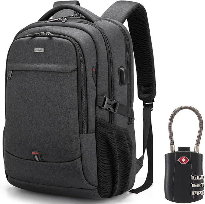 Grey water-resistant unisex travel laptop backpack with USB port, front view