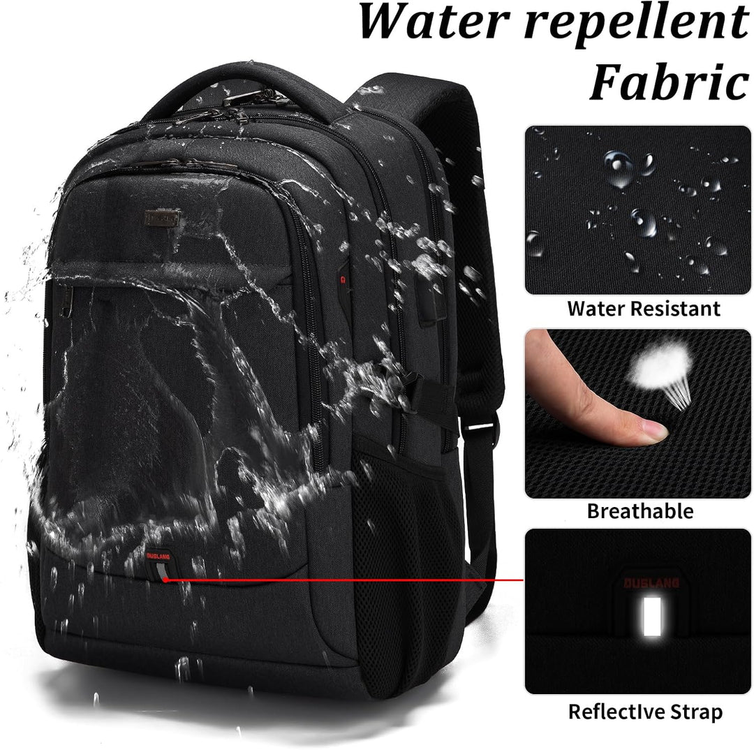 Main compartment of black travel laptop backpack, fits up to 15.6 inch laptop