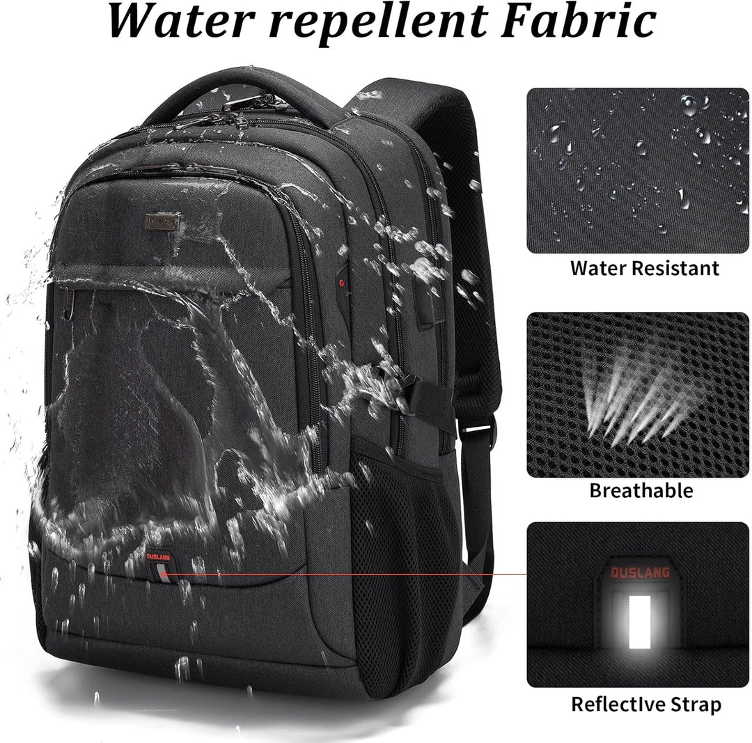 Detailed view of water-resistant material on black unisex travel backpack