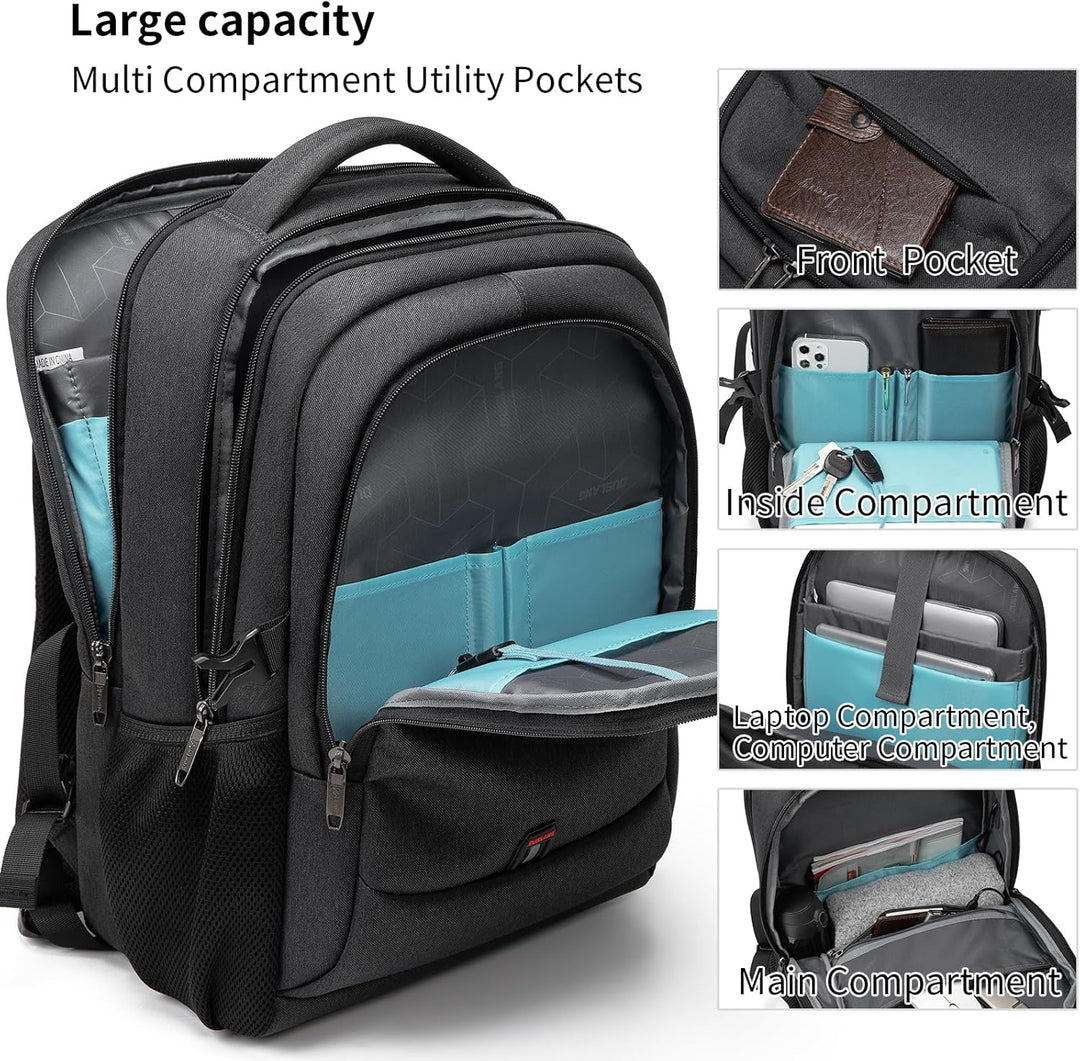 Front pocket of grey travel laptop backpack, ideal for quick access items