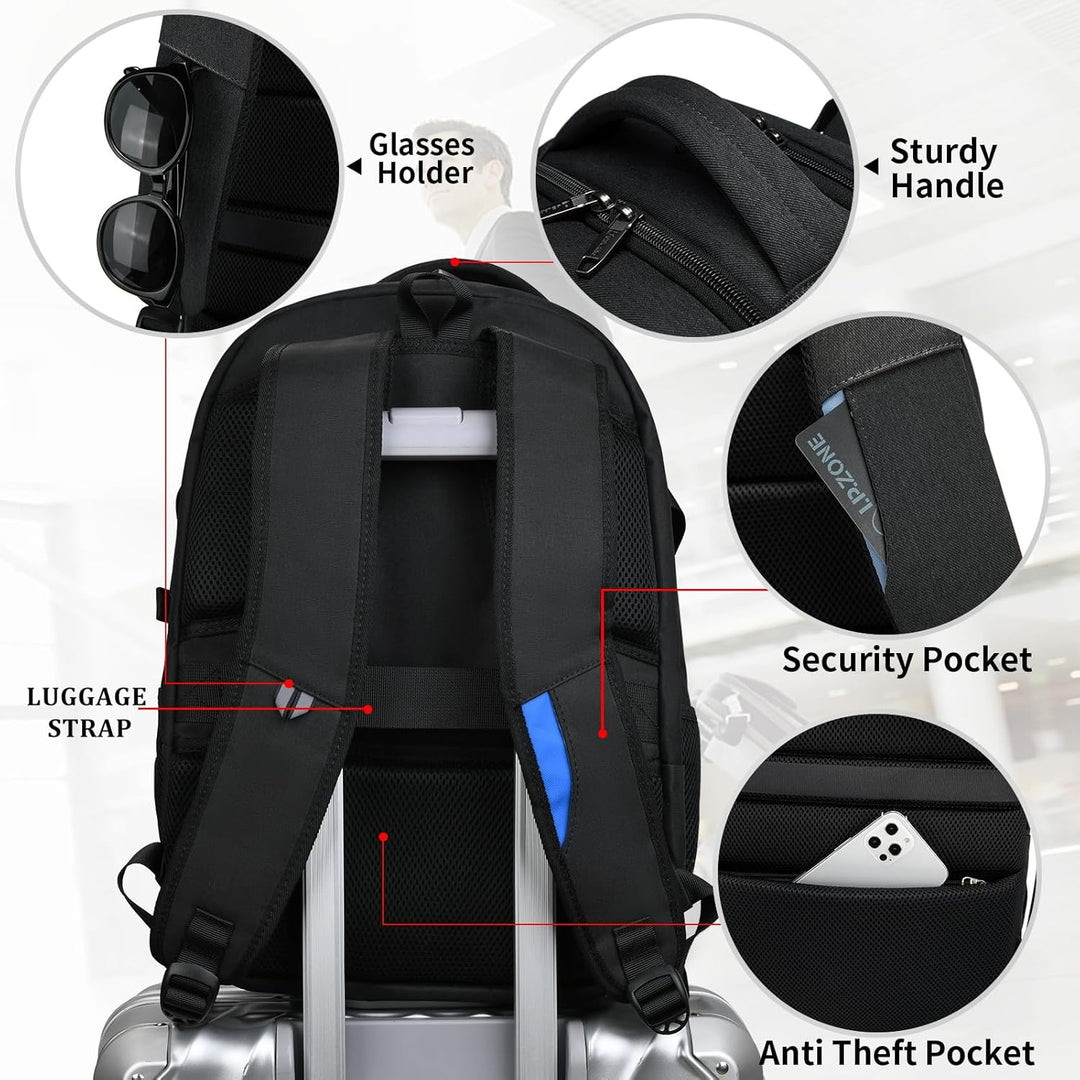 Front pocket of black travel laptop backpack, ideal for quick access items