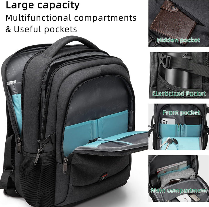 Model wearing black unisex travel laptop backpack in an urban setting