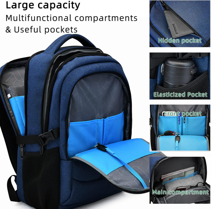 Black water-resistant unisex travel laptop backpack with USB port, front view