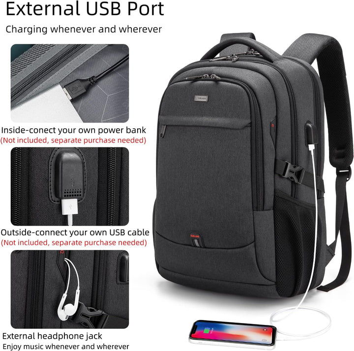 Unisex travel laptop backpack in black, side view showing water-resistant fabric