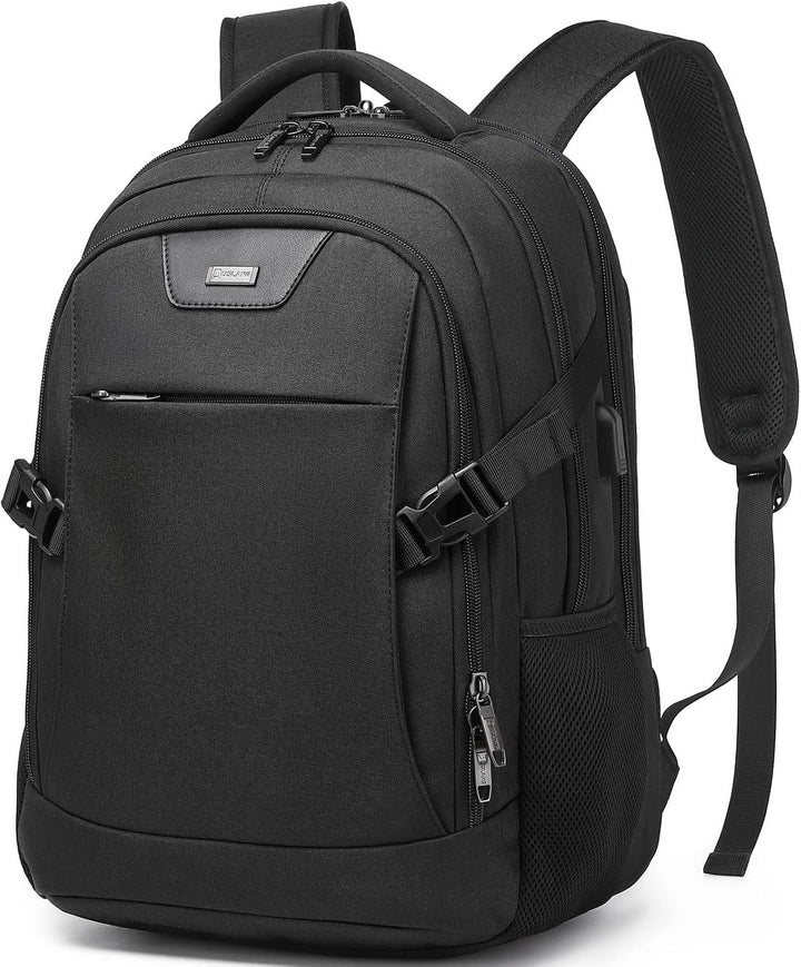 Black laptop backpack with dedicated power bank pocket, USB feature