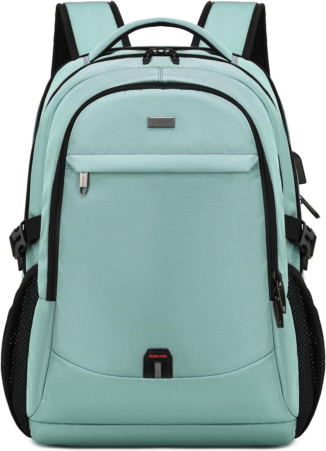 Close-up of USB charging port on grey water-resistant travel laptop backpack