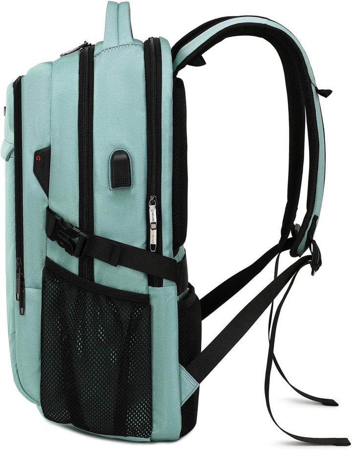 Close-up of USB charging port on black water-resistant travel laptop backpack