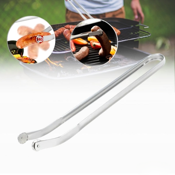 Durable stainless steel BBQ tongs, a heat-resistant grilling tool for outdoor cooking. Essential grill accessory.