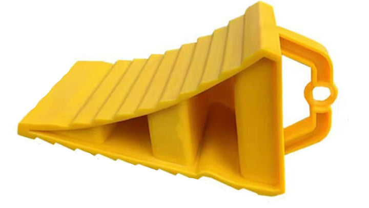 Close-up of a Griptura heavy-duty wheel chock, showing its robust design for truck and car stability.