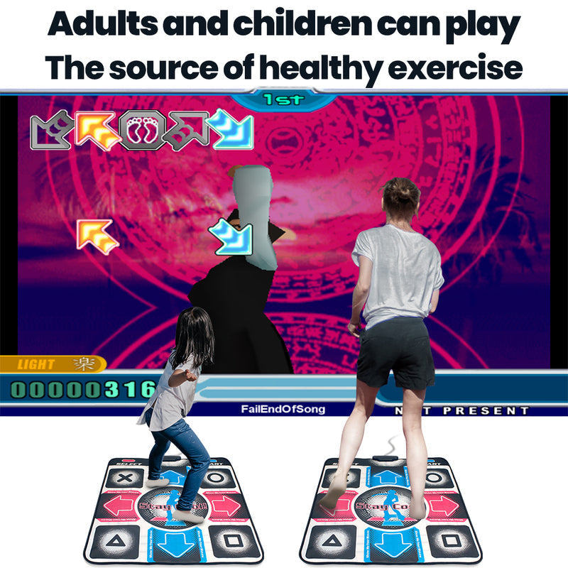 Adults enjoying GroovePlay interactive dance mat. Fun electronic game for home exercise, fitness & active play.