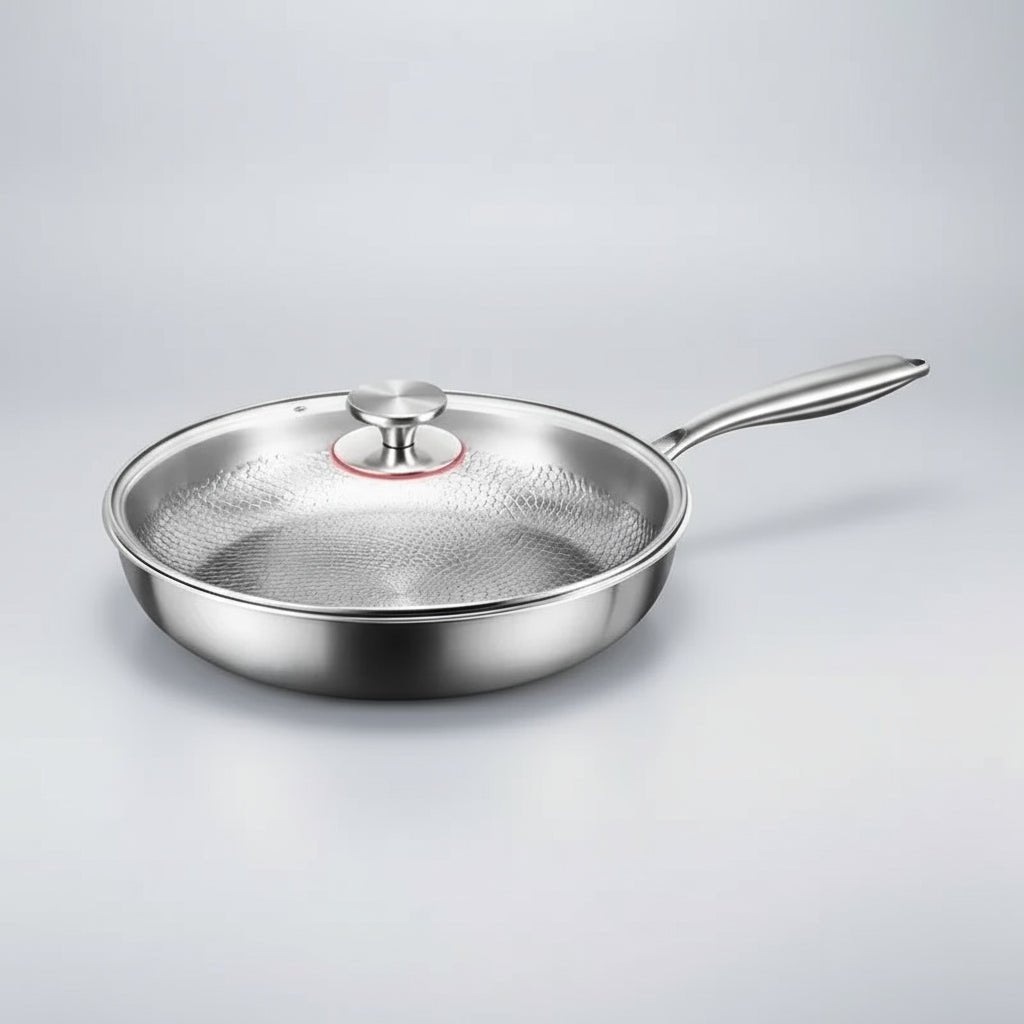 Ergonomic handle on a hammered titanium non-stick skillet, designed for comfortable gourmet cooking.