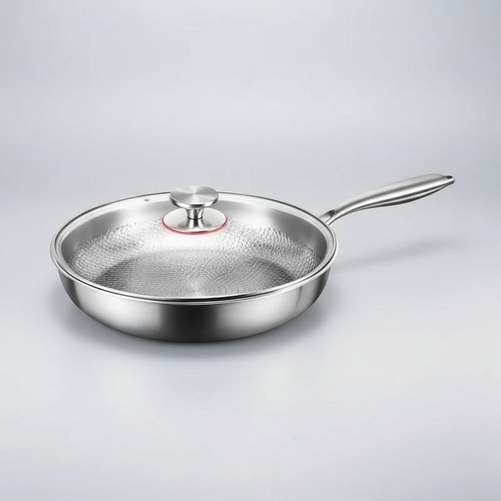 Ergonomic handle on a hammered titanium non-stick skillet, designed for comfortable gourmet cooking.