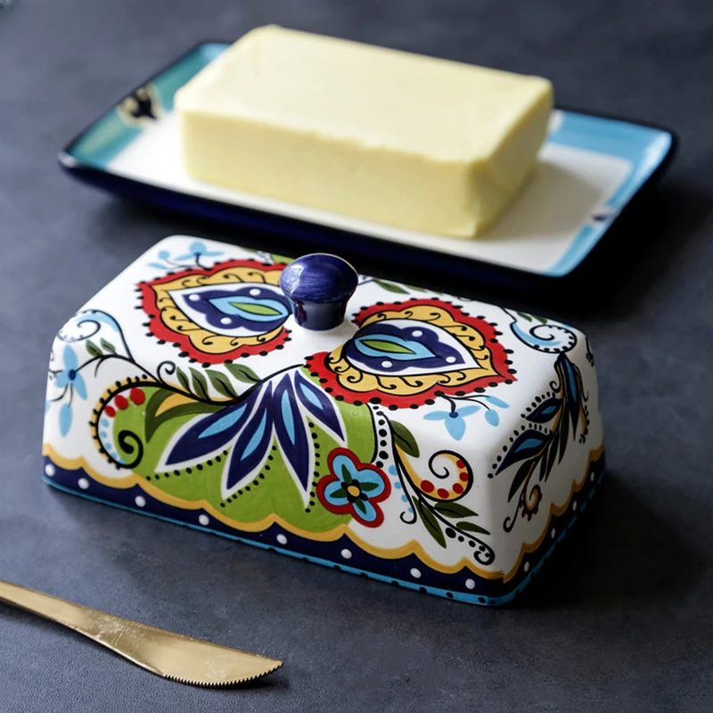 Hand-painted Tuscan style ceramic butter dish with lid. Rustic kitchenware for farmhouse decor & dining tables.