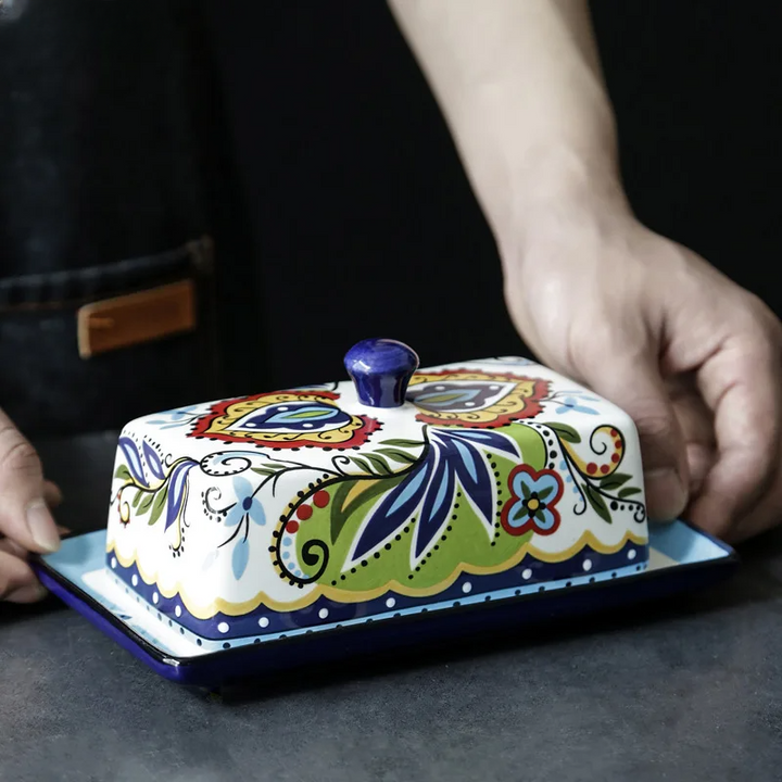Unique hand-painted Tuscan ceramic butter dish with lid. Rustic serving dish for fresh butter, kitchen & table.