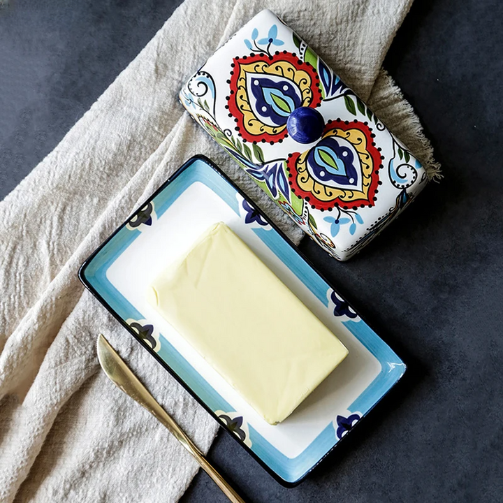 Rustic ceramic butter dish, hand-painted in Tuscan style. Perfect kitchenware and farmhouse decor for dining.
