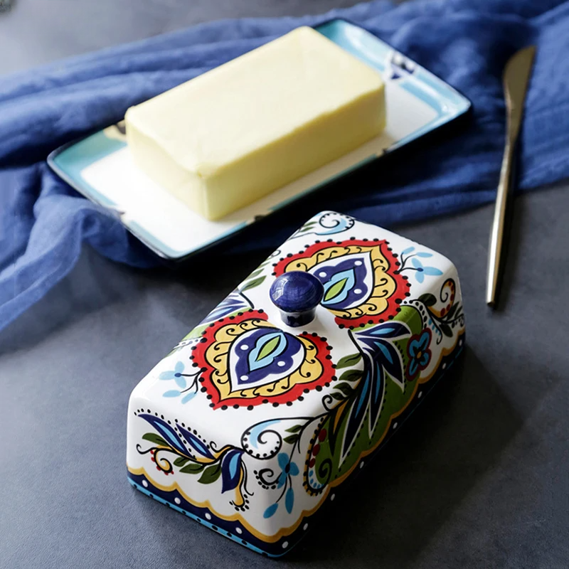 Decorative Tuscan style ceramic butter dish, hand-painted with lid. Ideal rustic kitchenware & serving dish for home.