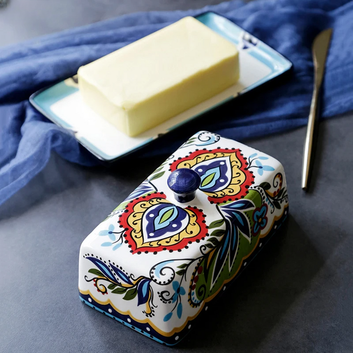 Decorative Tuscan style ceramic butter dish, hand-painted with lid. Ideal rustic kitchenware & serving dish for home.
