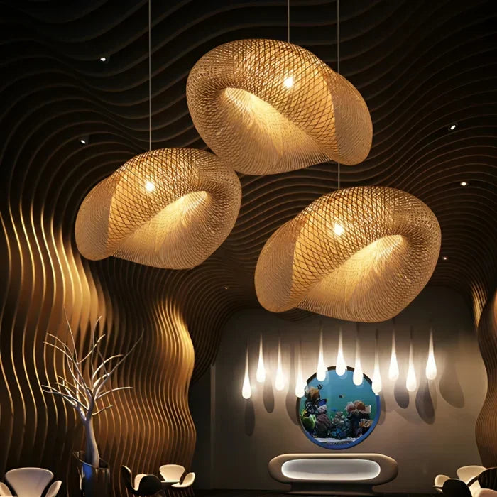 Trendy hand-woven rattan pendant light. A chic boho ceiling fixture, ideal for natural and farmhouse home interiors.
