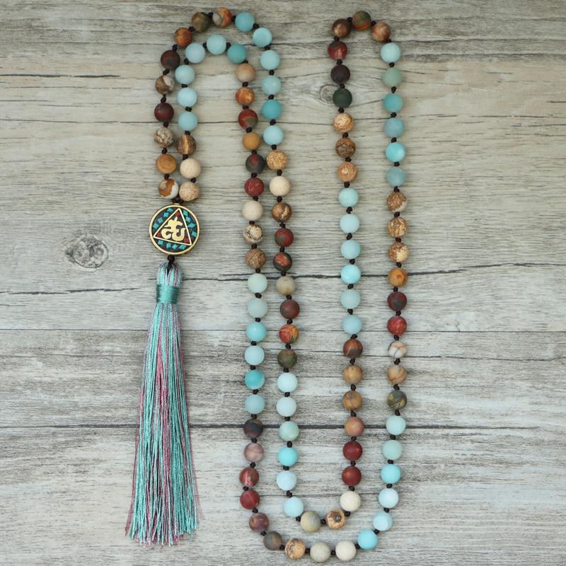 Handcrafted Anaya Aum Mala bead meditation necklace with Amazonite & Jasper, perfect for spiritual yoga.