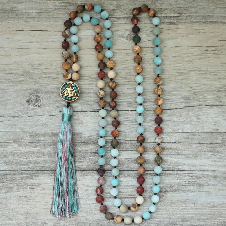 Handcrafted Anaya Aum Mala bead meditation necklace with Amazonite & Jasper, perfect for spiritual yoga.