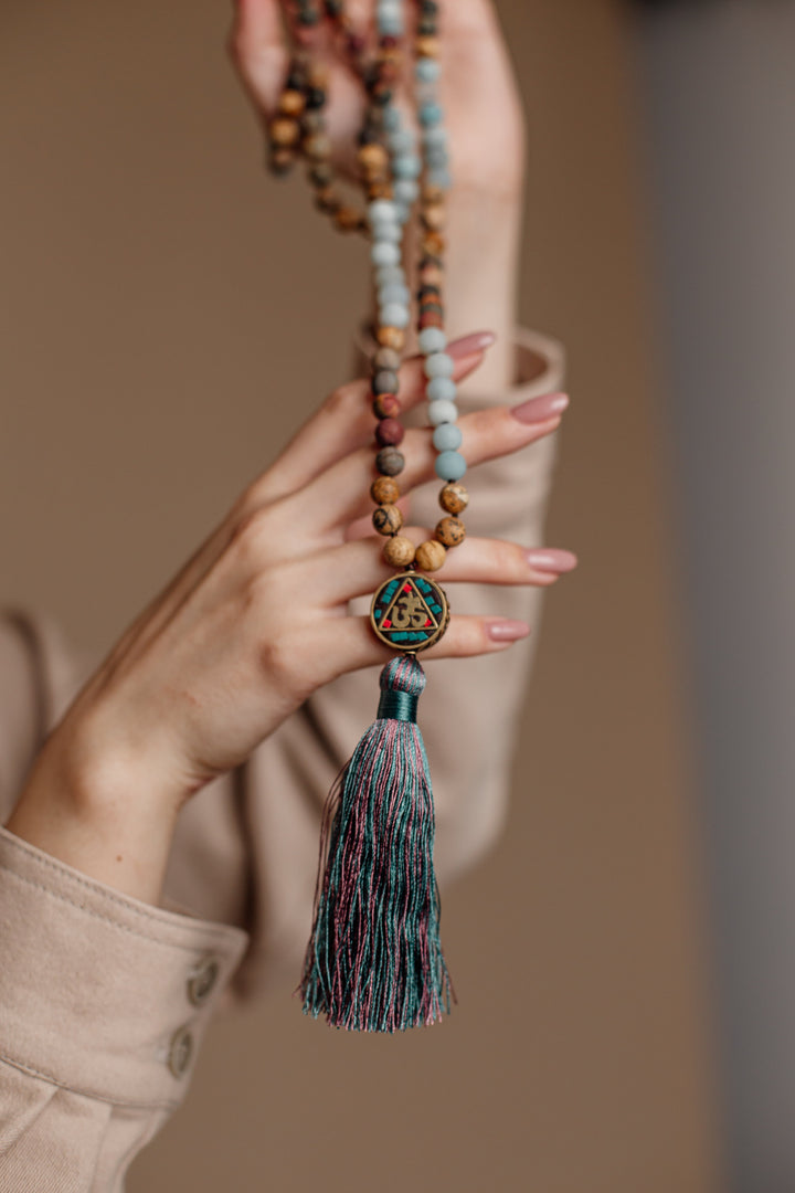 Spiritual Aum Mala bead necklace, handcrafted with natural Amazonite & Jasper. Unisex design for meditation & yoga.