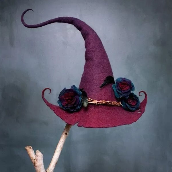 Merino wool handcrafted witch hat for women. Ideal Halloween costume accessory, elegant & adjustable fit.