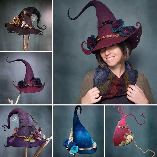 Unique women's handcrafted felt witch hat. Black, soft merino wool, perfect for Halloween parties & cosplay.