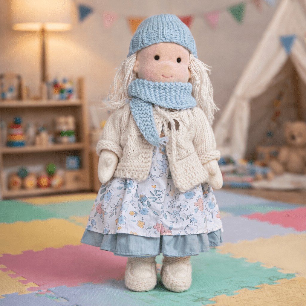 Handcrafted cotton Waldorf doll, perfect soft toy for creative & imaginative play.