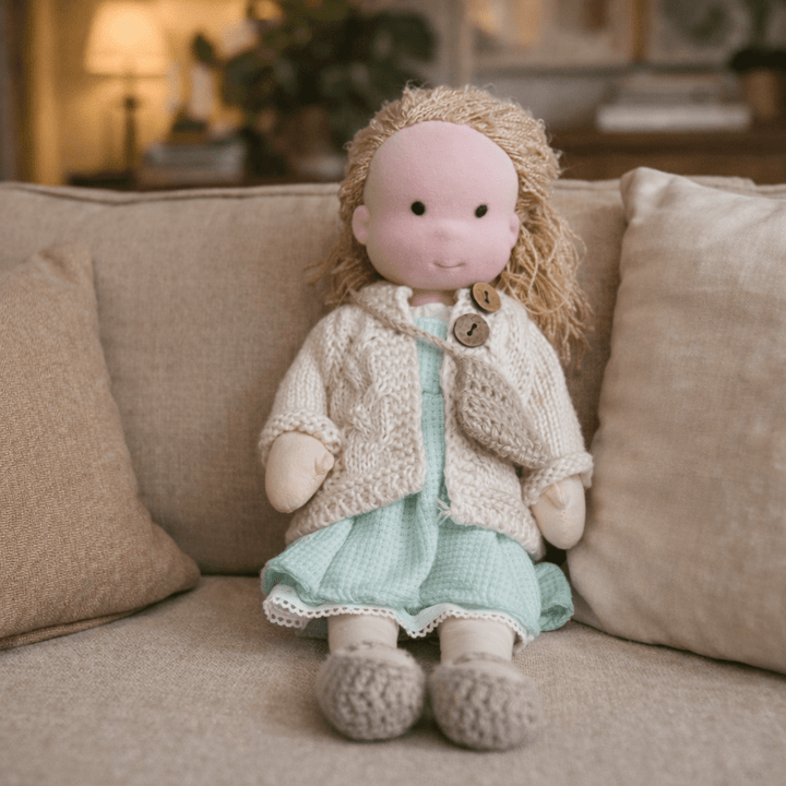 Natural fiber cotton Waldorf doll, perfect for nurturing imaginative play in young children.