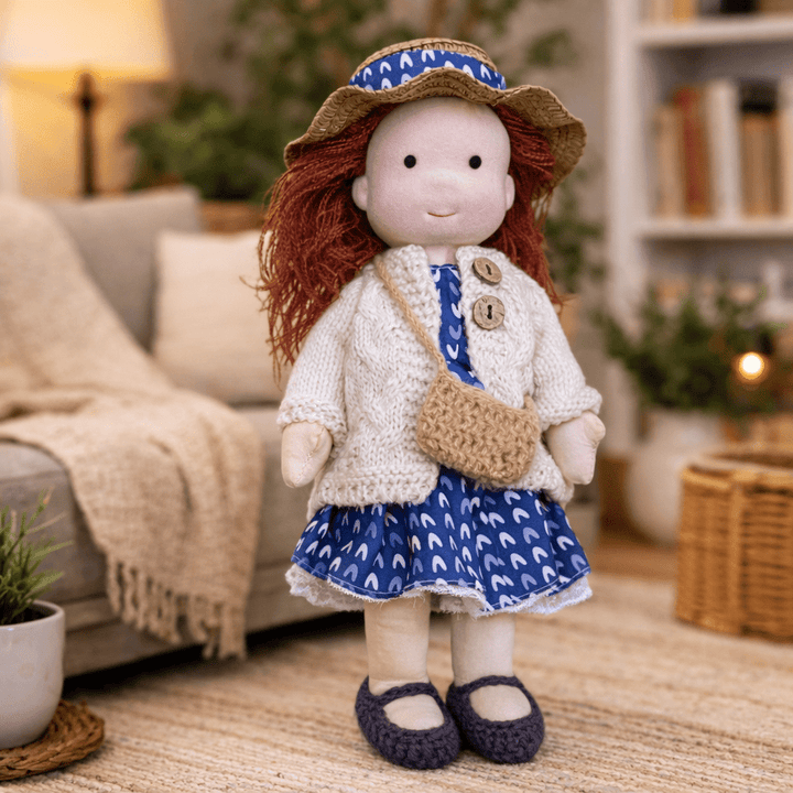 Gentle cotton Waldorf doll, an adorable plush toy for kids' imaginative adventures.