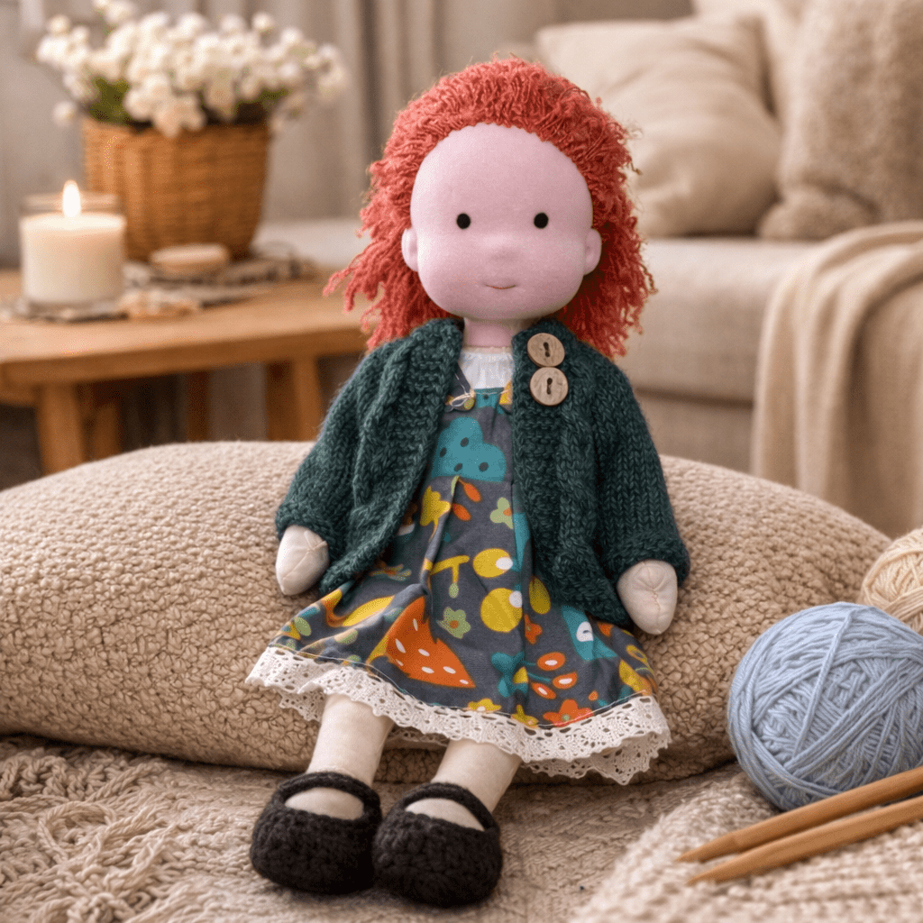 Playful cotton Waldorf doll, handcrafted for endless imaginative scenarios and comfort.