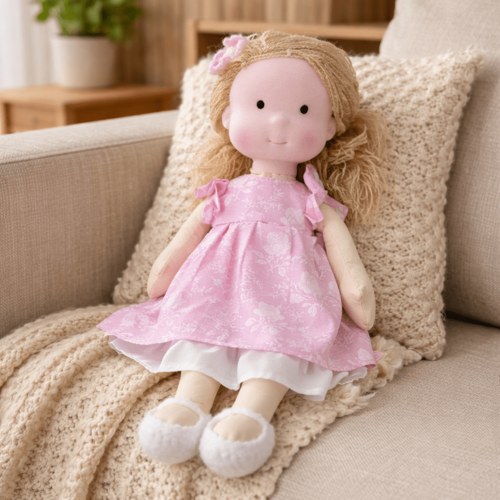 Sustainable cotton Waldorf doll, handmade with care for imaginative and eco-conscious play.