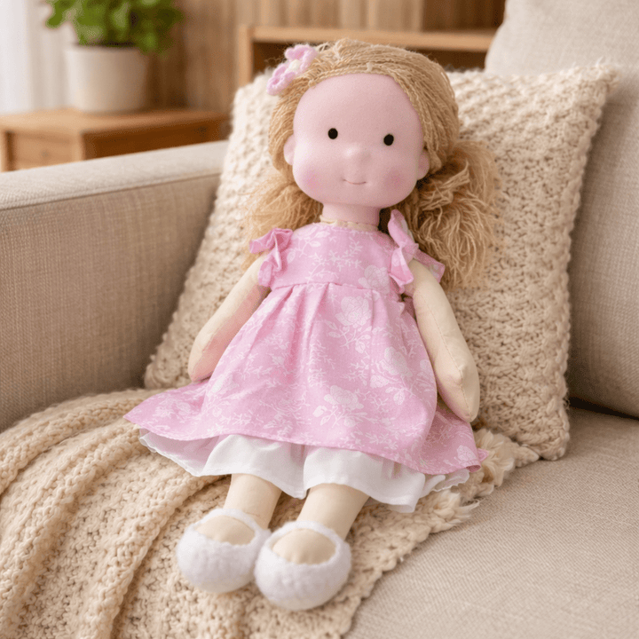 Sustainable cotton Waldorf doll, handmade with care for imaginative and eco-conscious play.