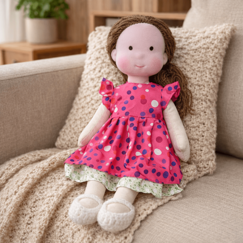 Waldorf doll with a cozy appeal, made from soft cotton for comforting creative play.