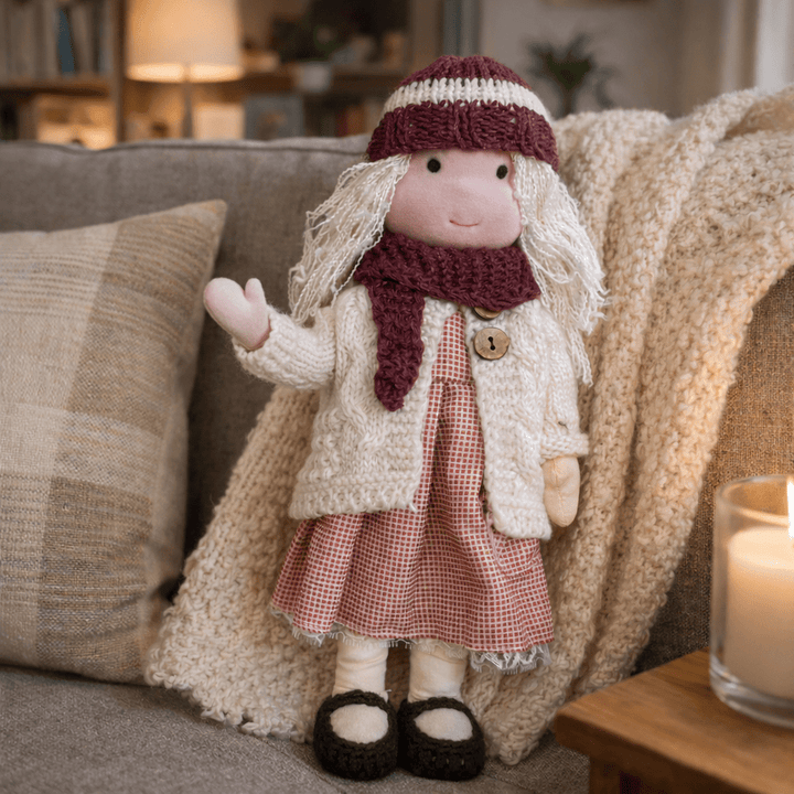 Hand-stitched cotton Waldorf doll, a unique plush toy for kids' imaginative journeys.