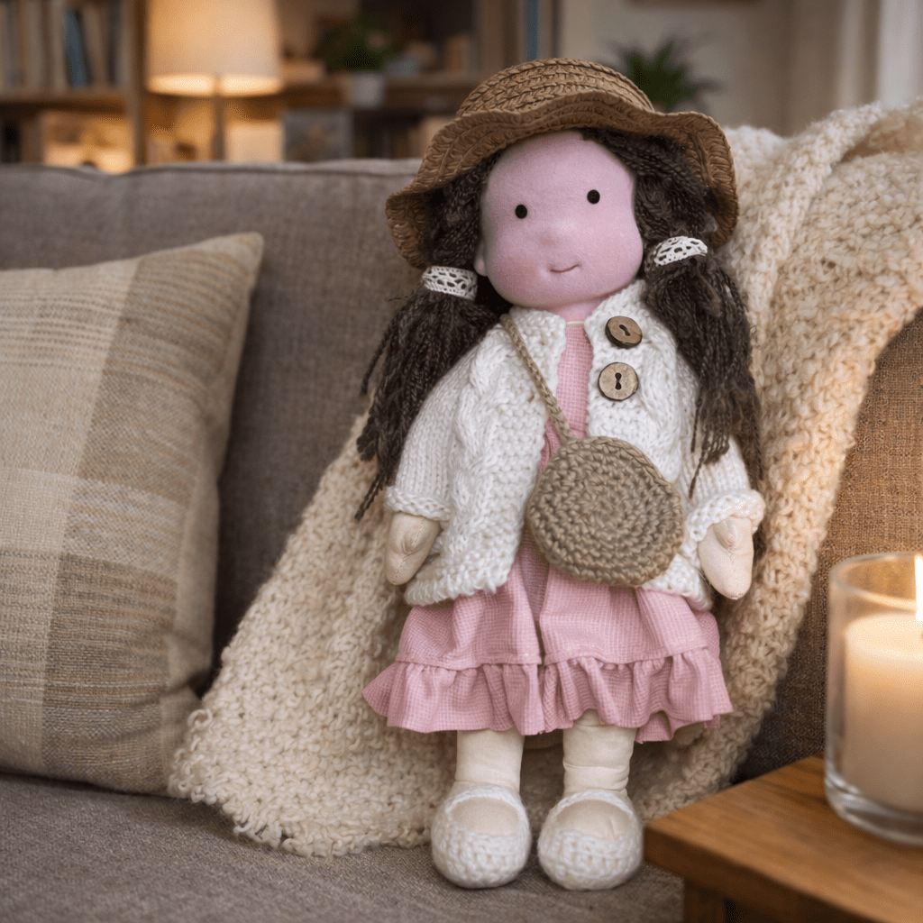 Versatile cotton Waldorf doll, adaptable for various imaginative play roles and stories.