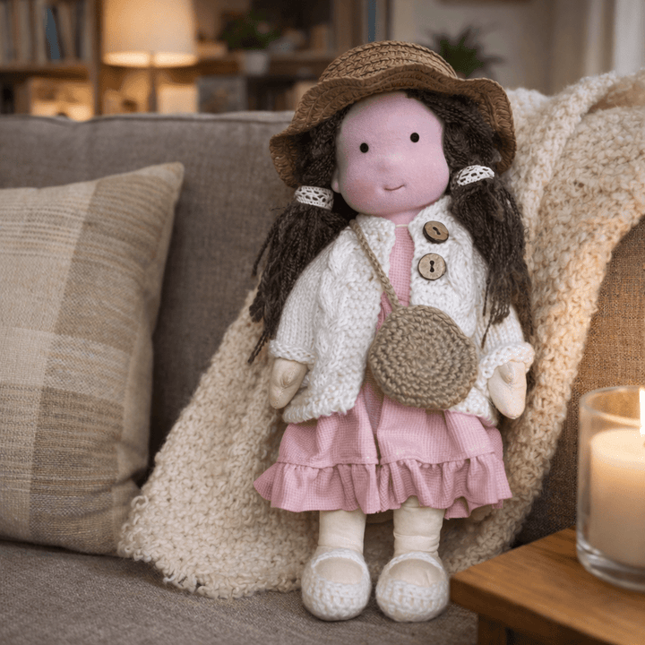 Versatile cotton Waldorf doll, adaptable for various imaginative play roles and stories.