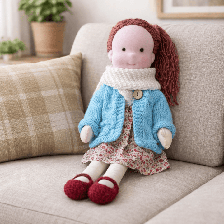Traditional Waldorf doll, made with natural cotton for authentic imaginative play experiences.