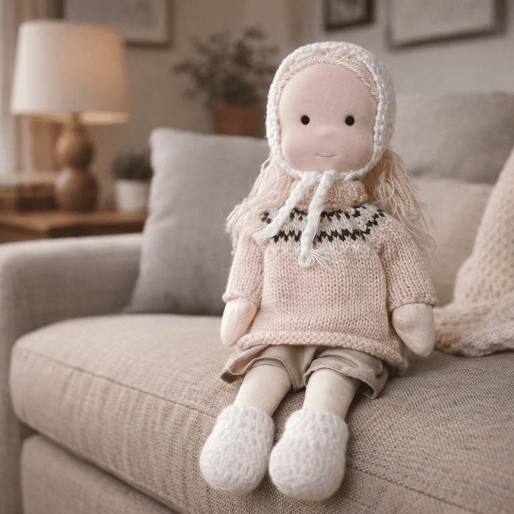 Waldorf doll as a first doll, soft cotton and handmade for gentle creative interaction.