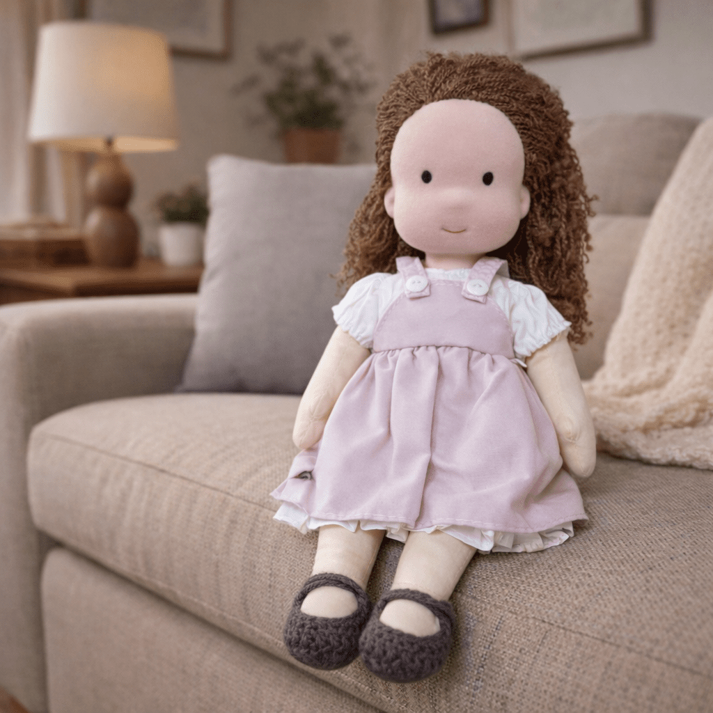 Cotton Waldorf doll smiling gently, inviting kids into a world of imaginative play.