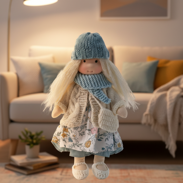 Child-friendly cotton Waldorf doll, a safe and stimulating soft toy for creative minds.