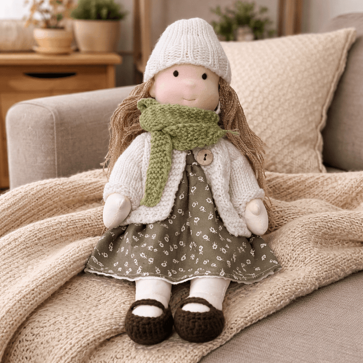 Ethically made cotton Waldorf doll, a soft & safe toy for creative children.