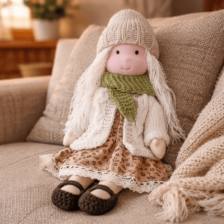 Plush cotton Waldorf doll, designed for creative play and as a comforting soft toy for kids.