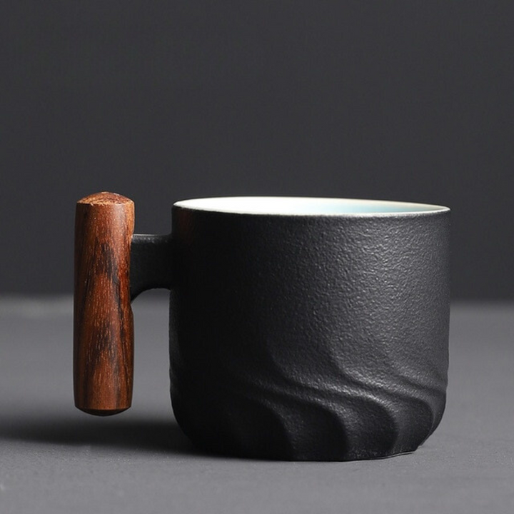 Compact Mini Retrograde handmade ceramic mug for espresso or small coffee, with a charming retro wooden handle.