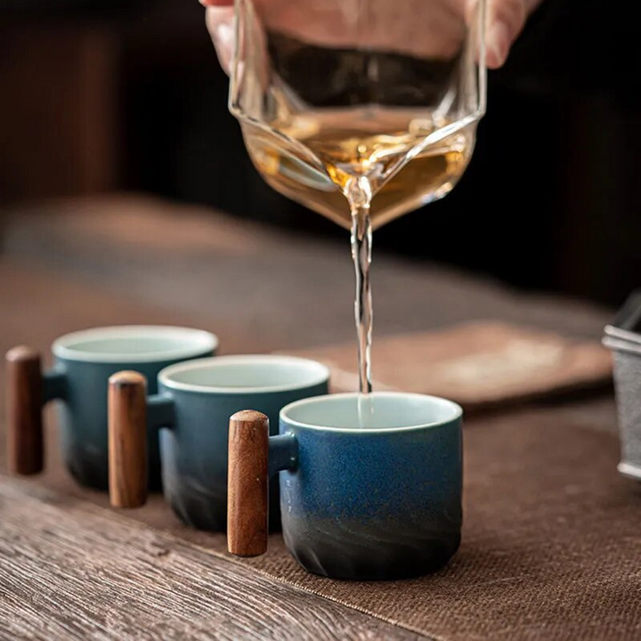Handcrafted Mini Retrograde espresso mug, artisan ceramic with a retro feel & distinct wooden handle.