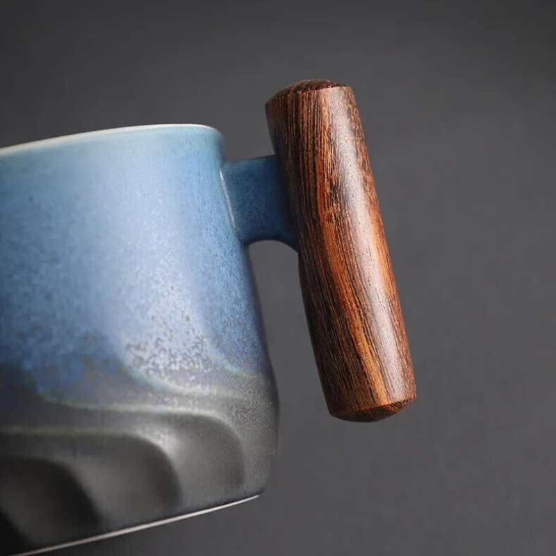 Unique handcrafted Mini Retrograde ceramic mug, ideal gift for coffee lovers. Retro design & wooden handle.