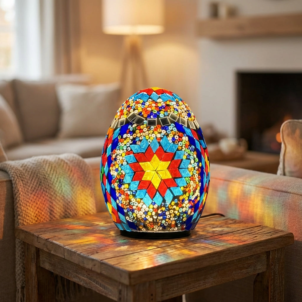 Handcrafted mosaic egg lamp, 'Auregglow' with multicolor bohemian patterns, ideal for mood lighting or bedroom decor.